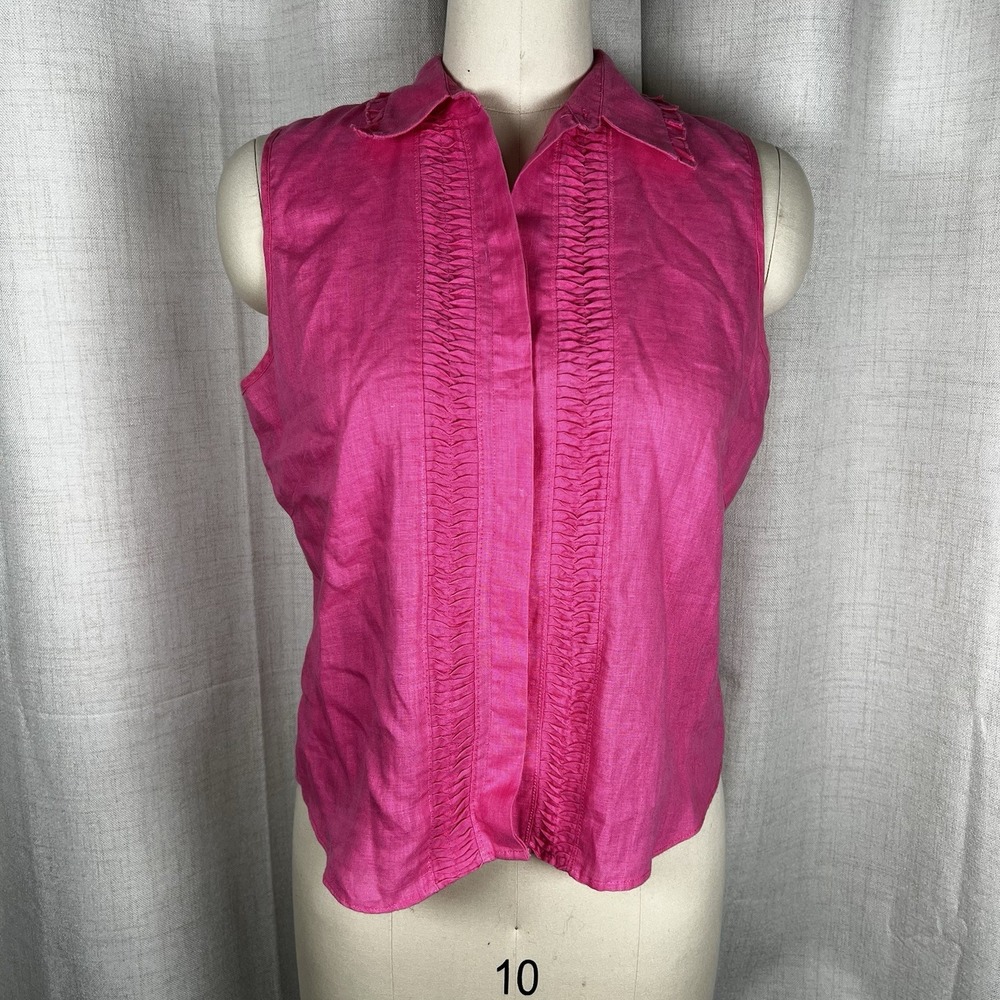 Edward Irish Linen Sleeveless Top‎ Blouse Shirt  Pink Button Up Women's Large